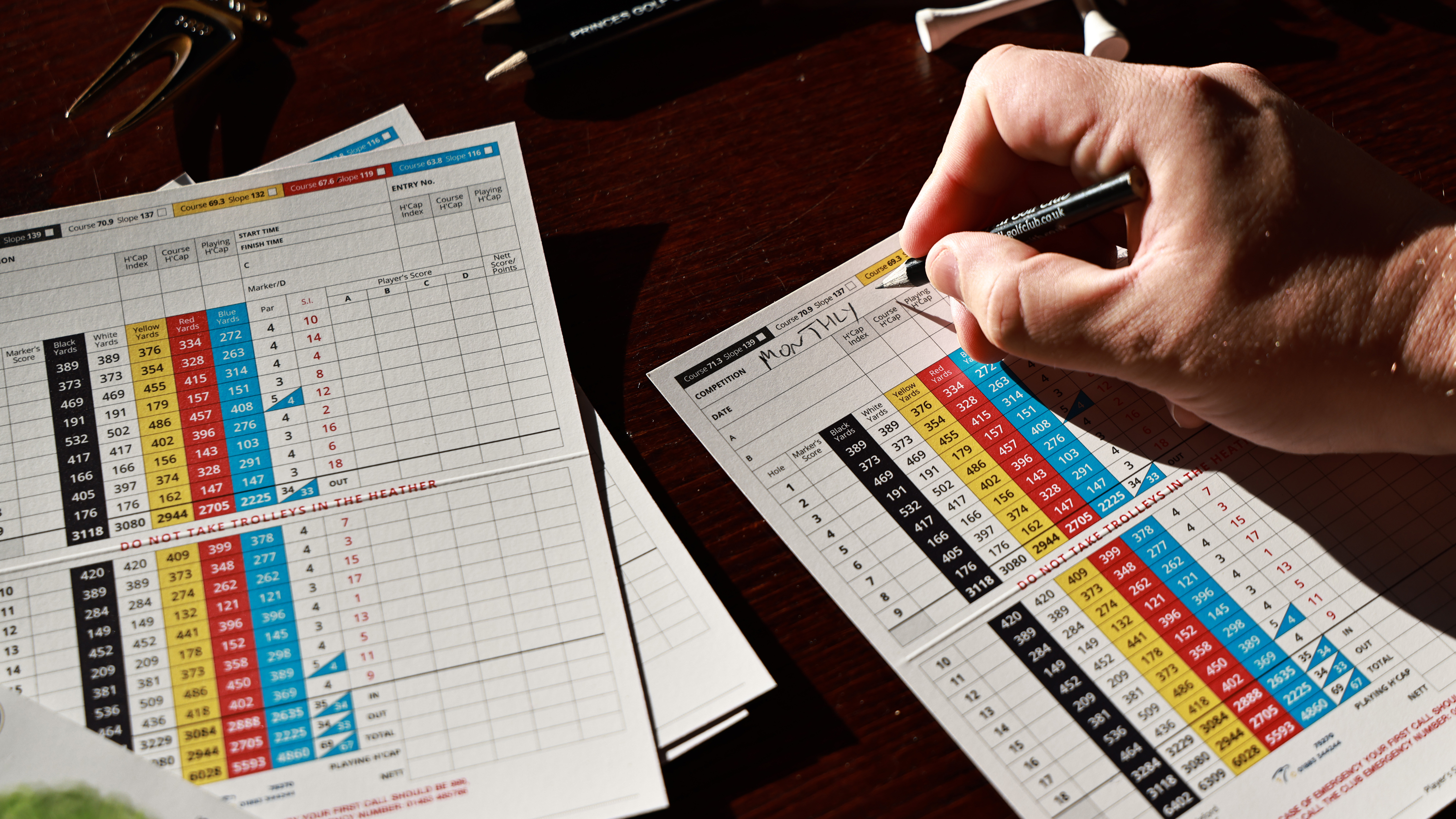 A hand filling in a golf scorecard with a pencil prior to going out and playing in a Stableford competition