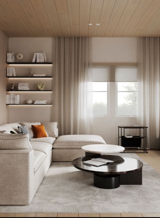 neutral living room with beige sofa and rug