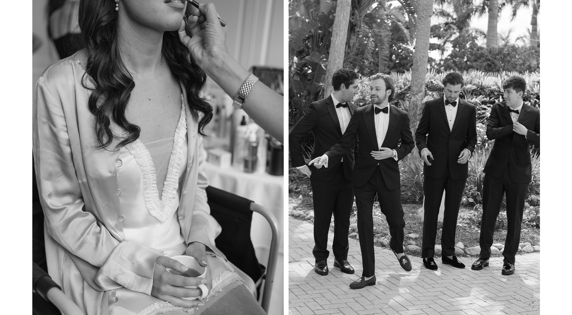 Collage of Kelli Orihuela getting ready and Chris Denci with his groomsmen.
