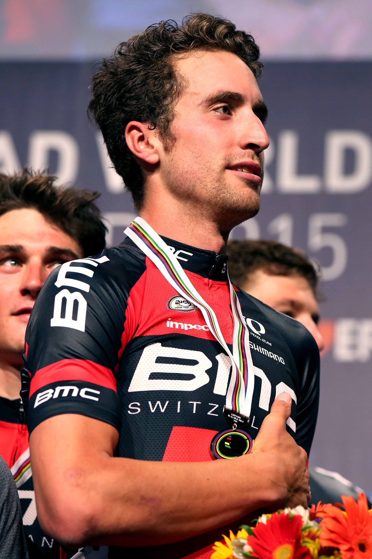 Taylor Phinney with hand over heart