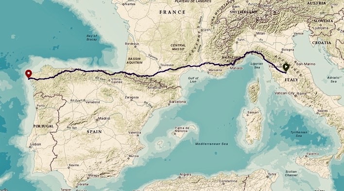 The map of Louis' route, from Siena to Cape Finisterre