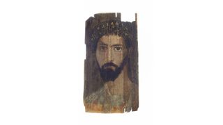 In this portrait, painted on wood sometime between A.D. 150 and 200, we see a bearded man sporting his own gold laurels.