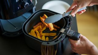 Someone using a small air fryer and cooking chips in there