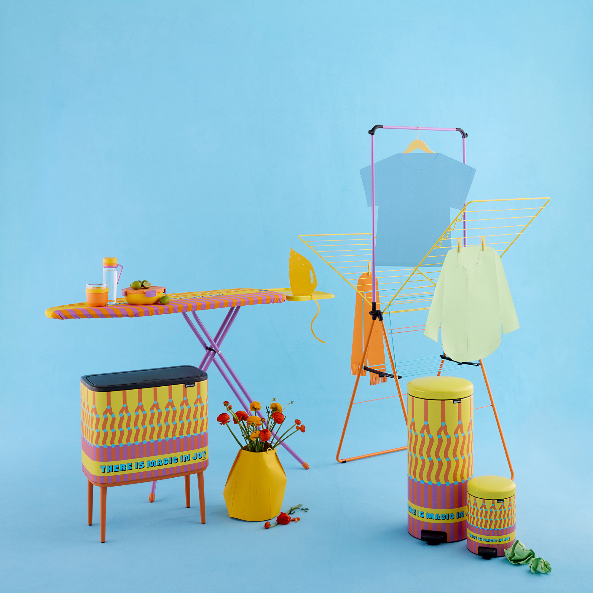 Yinka Ilori x Brabantia collection against blue background.