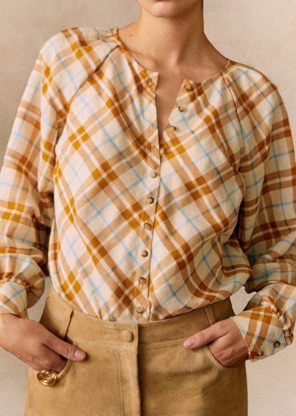 Amya Shirt - Camel Check / Sky Blue - Linen - S&amp;eacute;zane