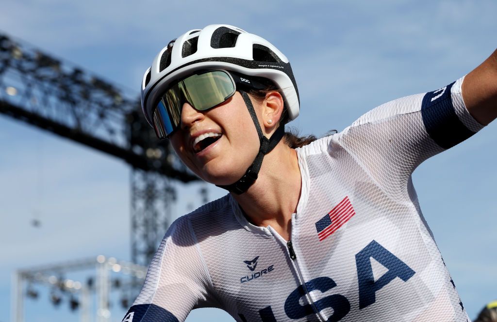 PARIS FRANCE AUGUST 04 Kristen Faulkner of Team United States celebrates at finish line as Gold medal winner during the Womens Road Race on day nine of the Olympic Games Paris 2024 at Trocadero on August 04 2024 in Paris France Photo by Tim de WaeleGetty Images