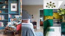 blue living room, neutral bedroom, green kitchen
