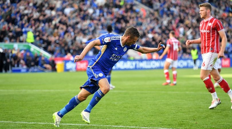 Jamie Vardy sets off in celebration after scoring a penalty for Leicester City against Bristol City in the Championship in September 2023.