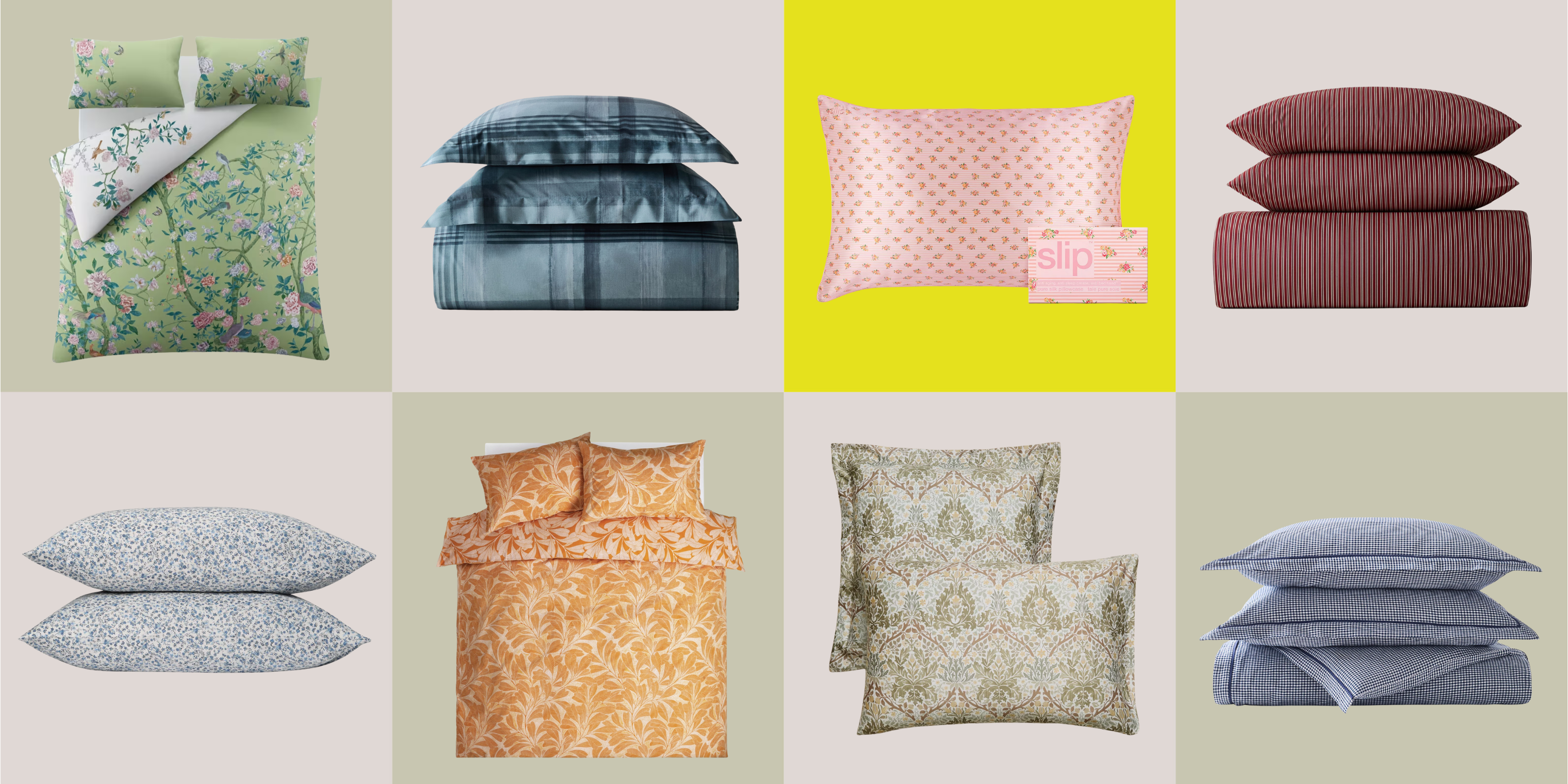 Product grid with patterned bedding, stripes, florals, motifs