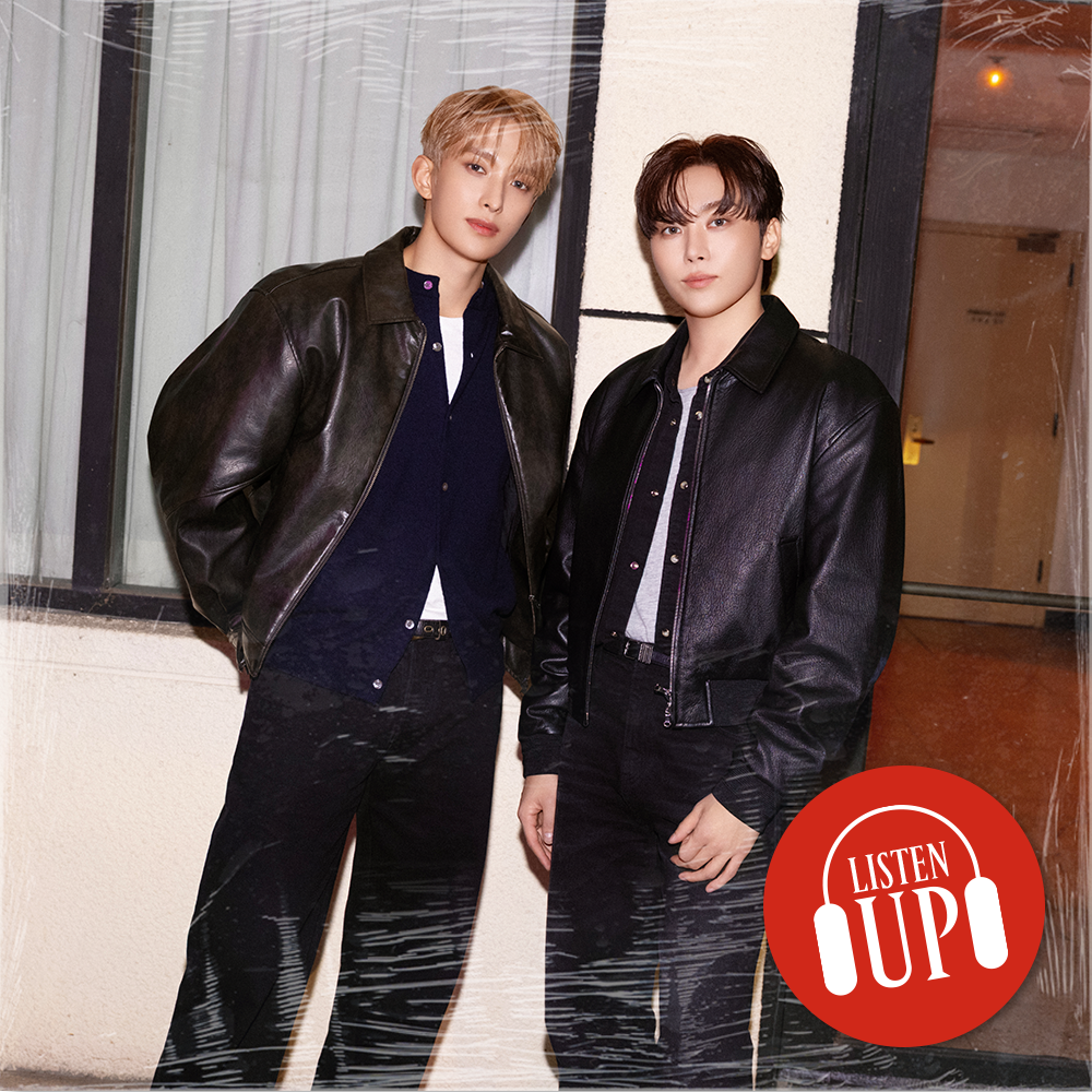 an image of seventeen members dk and seungkwan with a red sticker reading listen up