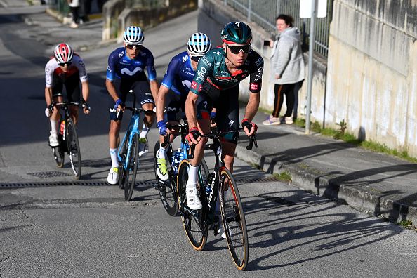 OSIMO ITALY MARCH 11 Guillaume Martin of France and Team Cofidis Carlos Verona Quintanilla of Spain Alex Aranburu Deba of Spain and Movistar Team and Aleksandr Vlasov of Russia and Team BORA Hansgrohe compete in the breakaway during the 58th TirrenoAdriatico 2023 Stage 6 a 193km stage from Osimo Stazione to Osimo 252m UCIWT TirrenoAdriatico on March 11 2023 in Osimo Italy Photo by Tim de WaeleGetty Images