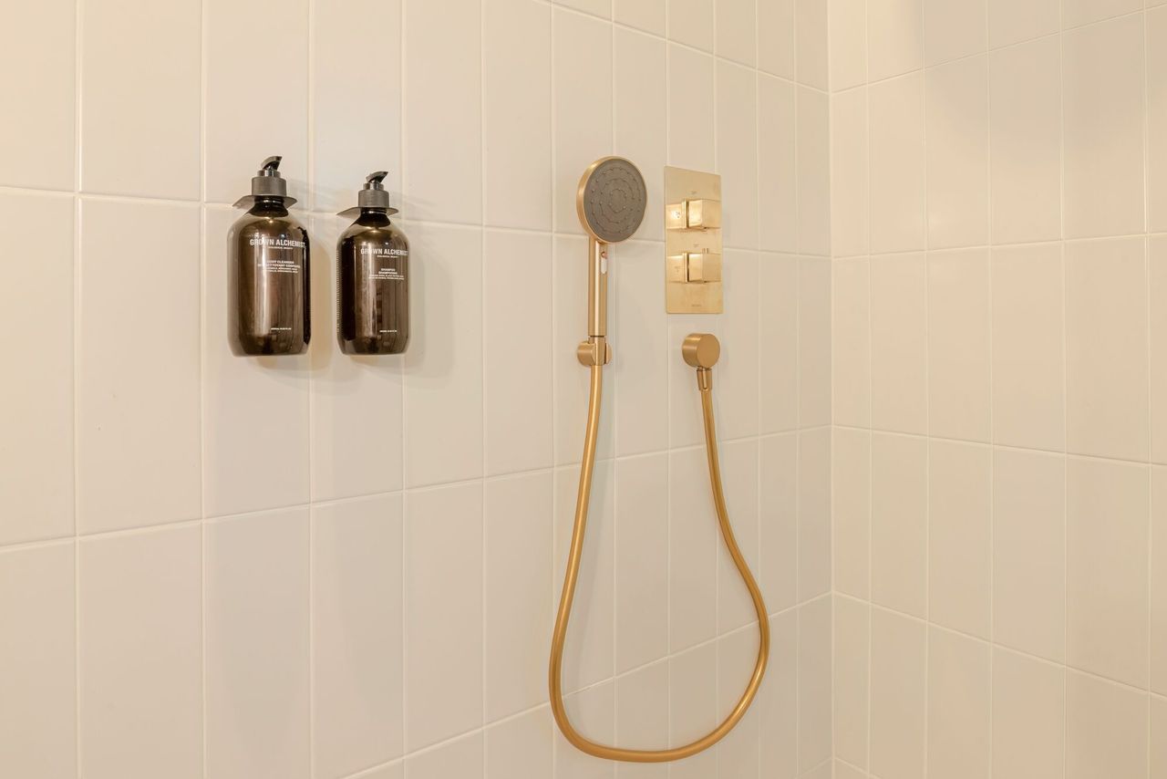 Inside the shower with a brass shower hose and head