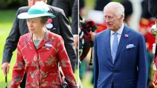 Composite of a picture of Princess Anne wearing a red coat on Day 1 of Royal Ascot 2023 and King Charles wearing a suit during the Ceremony of the Keys in the Gardens of The Palace of Holyroodhouse on July 02, 2024