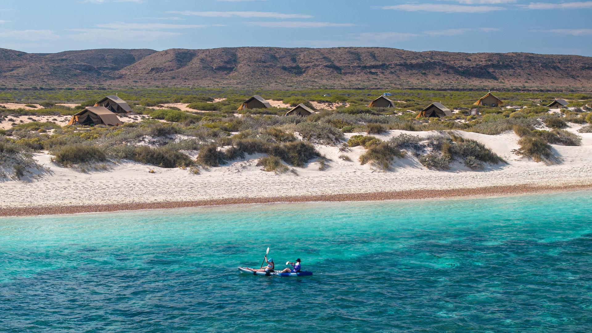 Couple kayaking close to the shoreline