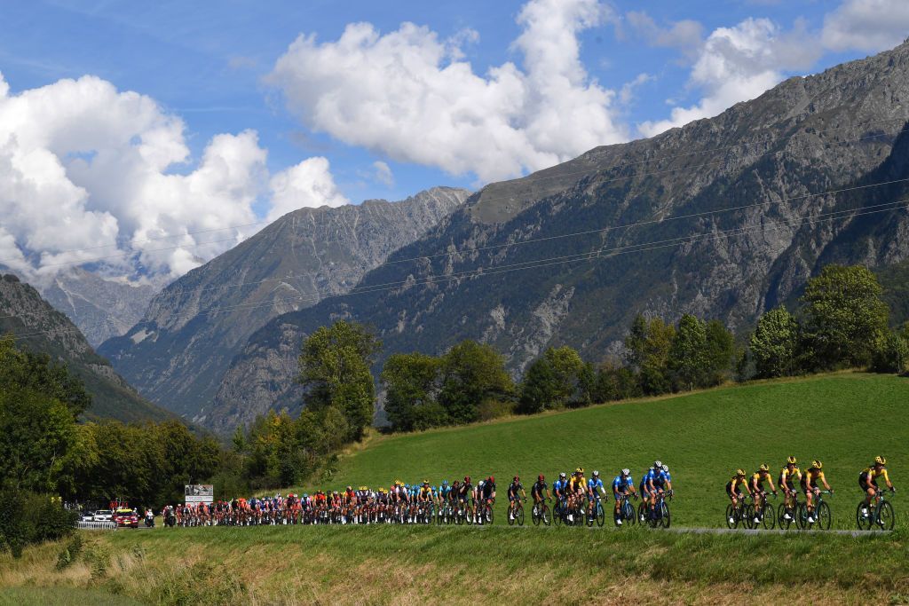 ORCIERES FRANCE SEPTEMBER 01 Peloton Mountains Landscape during the 107th Tour de France 2020 Stage 4 a 1605km stage from Sisteron to OrcieresMerlette 1825m TDF2020 LeTour on September 01 2020 in Orcieres France Photo by Tim de WaeleGetty Images
