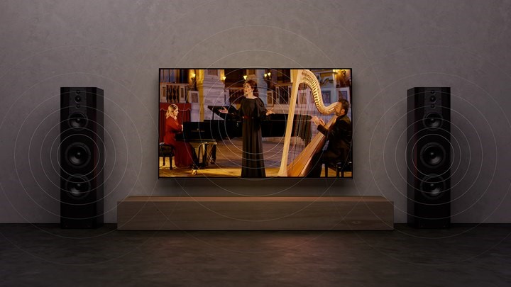 Acoustic Surface Audio+ vibrates the panel itself to emit sound from across the screen.