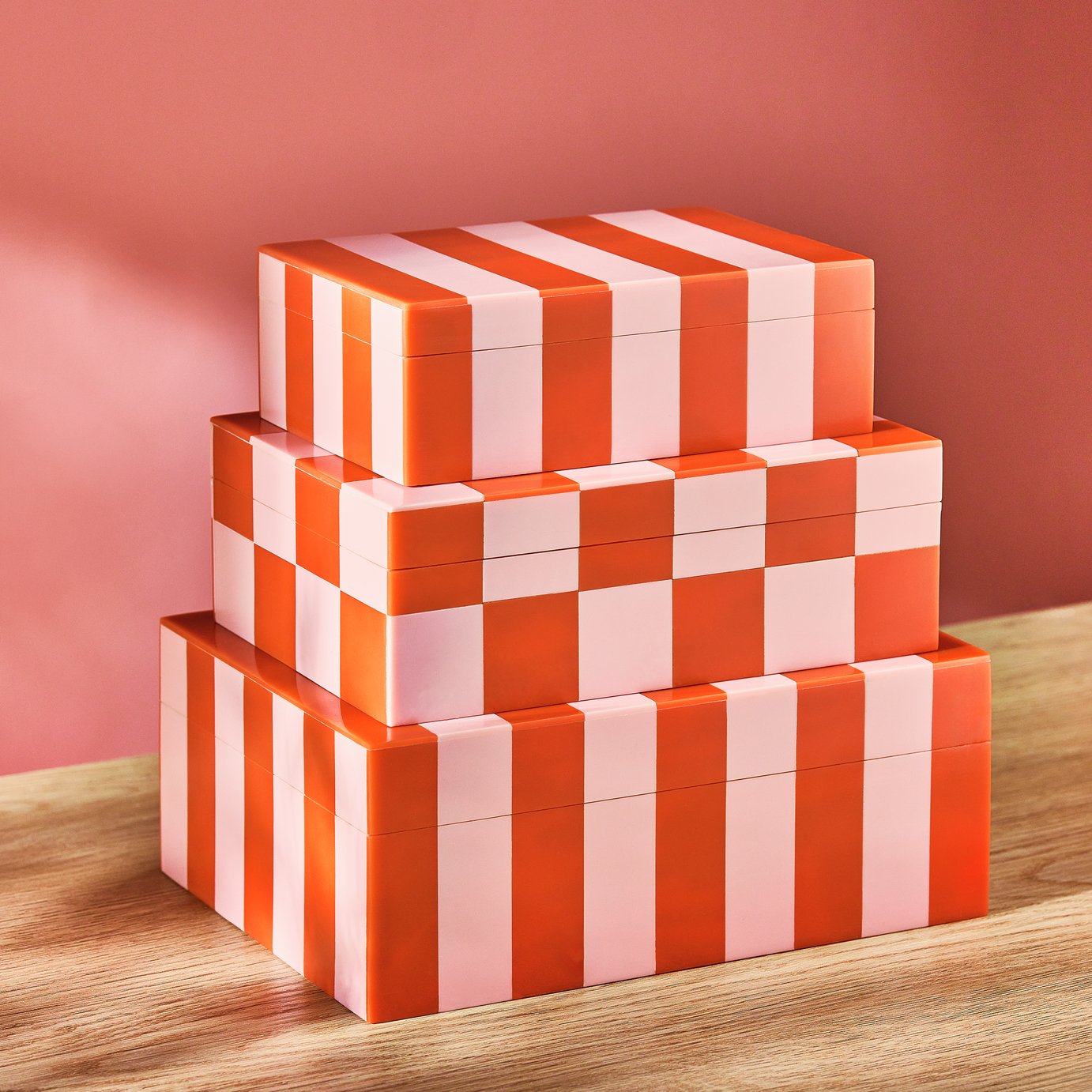Habitat Brights Checkered Set of 3 Trinket Boxes - Pink &amp;amp; Red