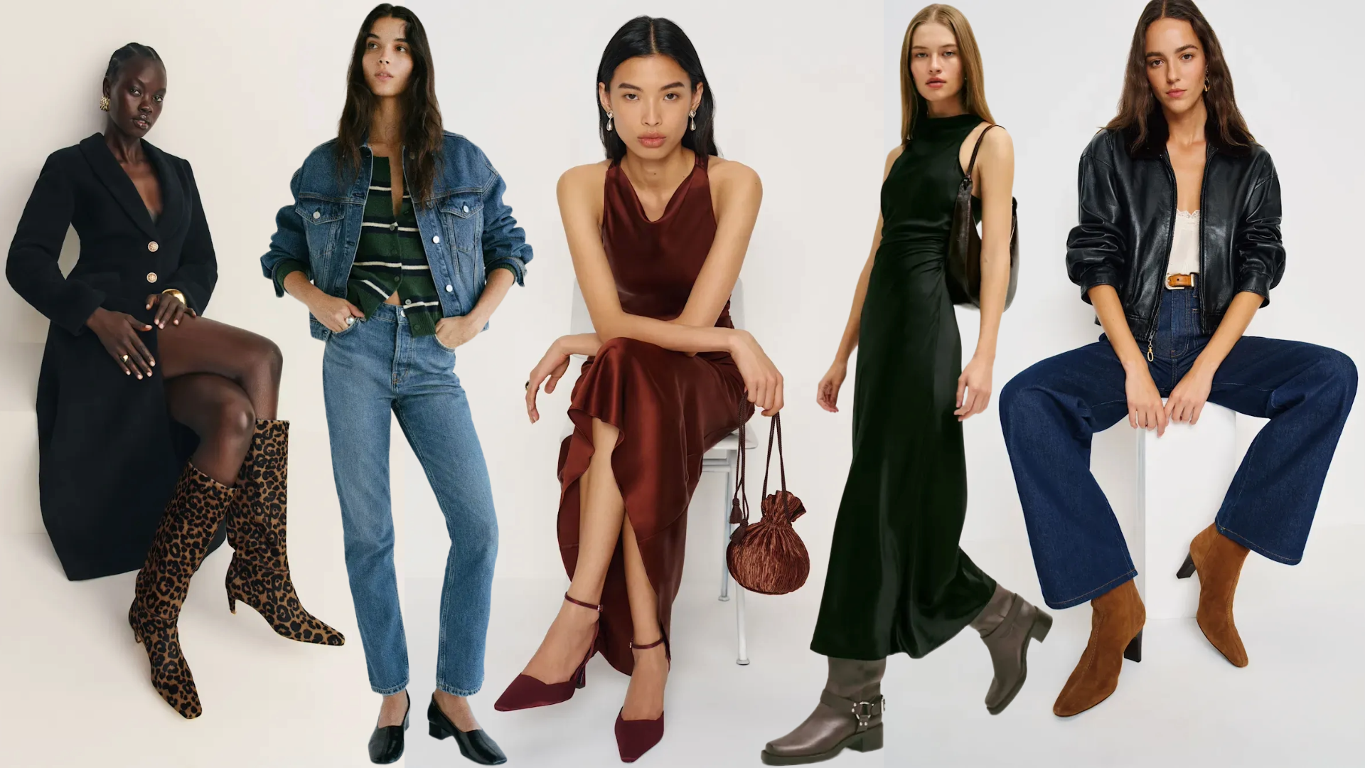 Split image of reformation models wearing shoes on gradient background