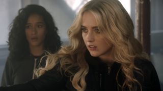 Kaia and Claire looking scared on Supernatural.