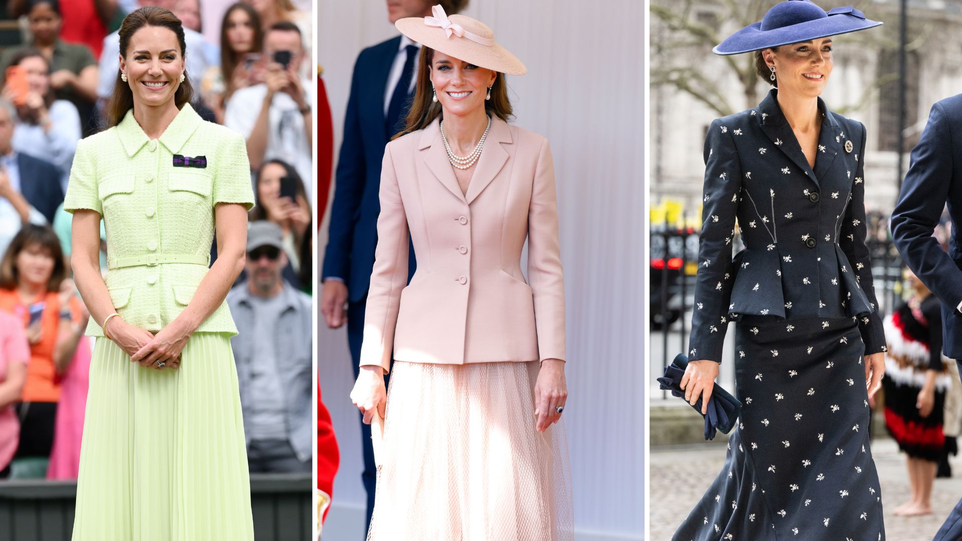 A composite of three pictures of the Princess of Wales wearing a very similar silhouette on three occasions