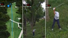 Three-part image of Scottie Scheffler hitting a shot from well off the fairway at the 2025 Charles Schwab Challenge