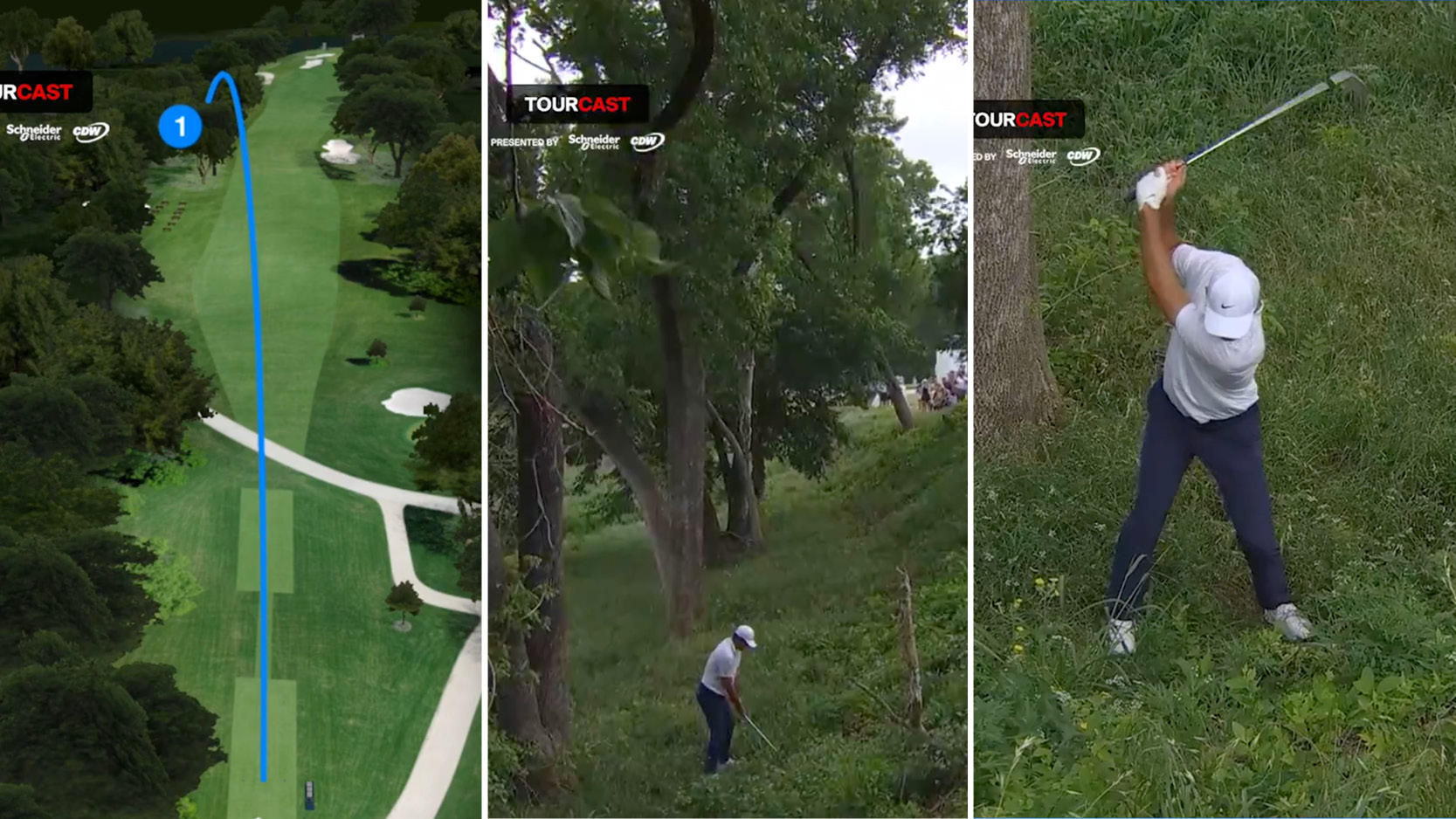 Three-part image of Scottie Scheffler hitting a shot from well off the fairway at the 2025 Charles Schwab Challenge