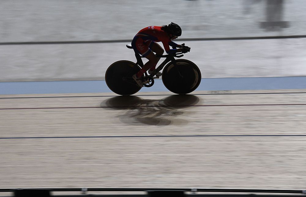 Cuba's Marlies Mejias Garcia rides during a cycling training session at the Olympic Velodrome in Rio de Janeiro