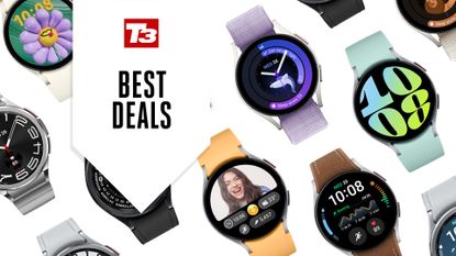 Samsung Galaxy watches against white background with deal overlay