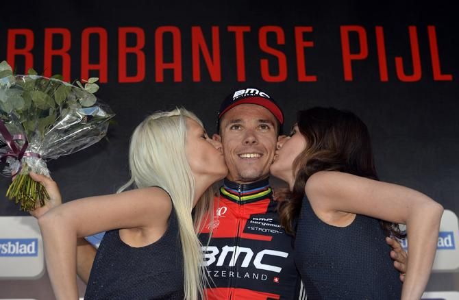 Podium kisses for race winner Philippe Gilbert (BMC)