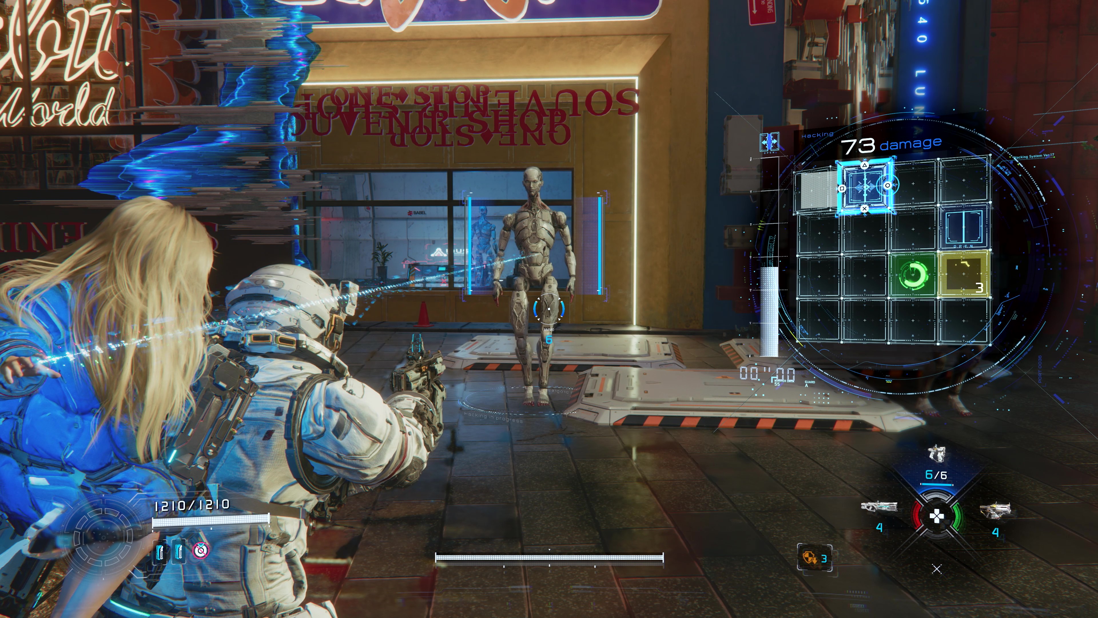 A Pragmata gameplay screenshot that shows combat against a robotic enemy.