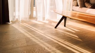 View of light white curtains blowing in the hot day, wooden floor and sofa of a living room