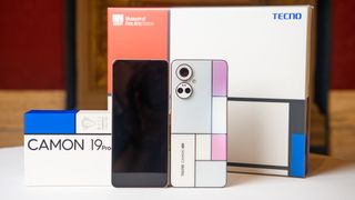 Tecno Camon 19 Pro Mondrian Edition front and back with box in the background