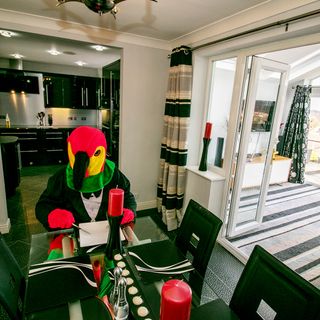 french door in dining room with dining table