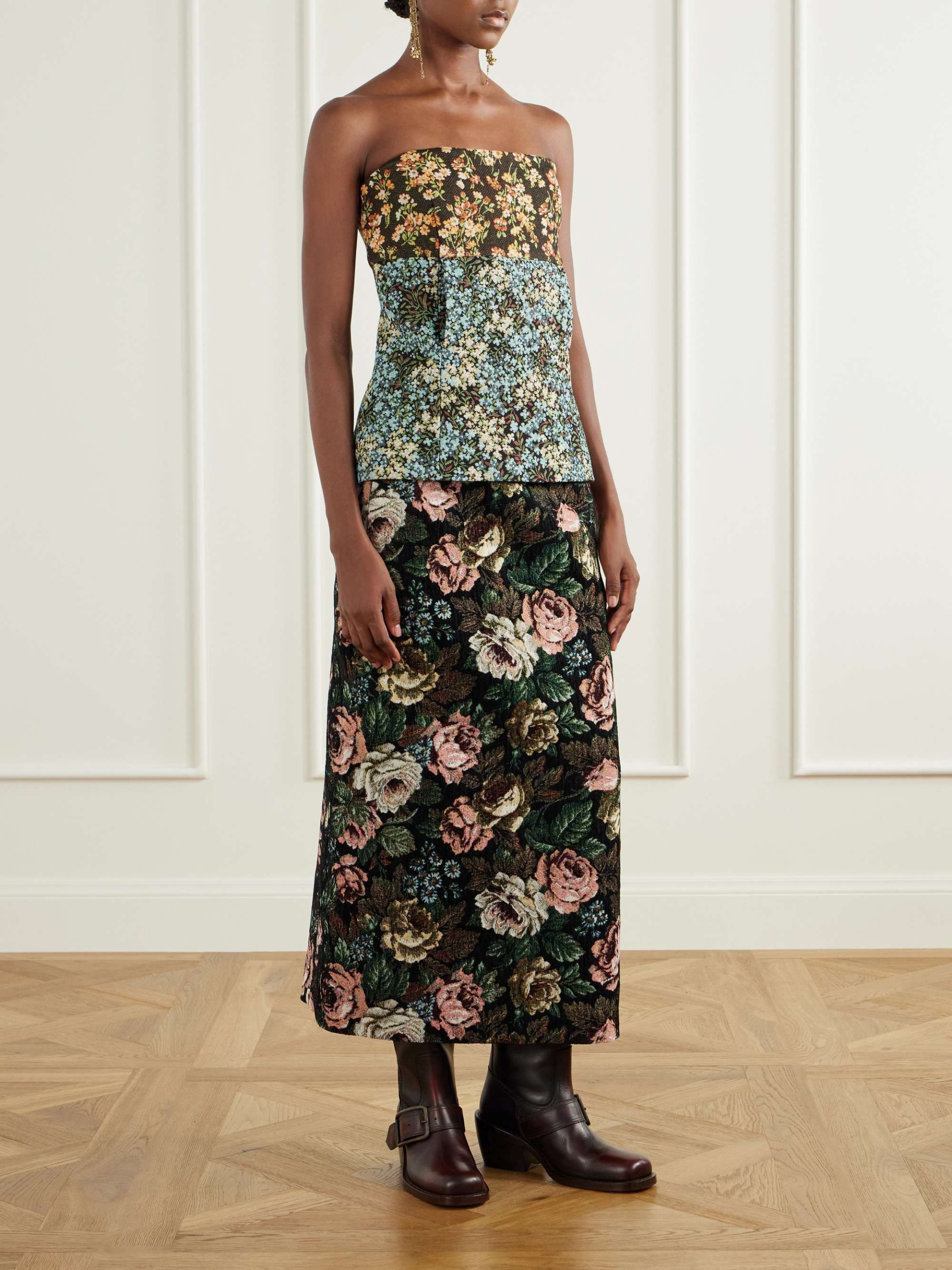 Strapless Floral-Jacquard Blouse