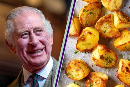King Charles roast potatoes 0 King Charles smiling, side by side a picture of roast potatoes covered in salt and herbs - after the monarch shares a cooking tip on how to get 'perfect' roast potatoes