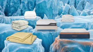 Thee pillows and three mattress toppers on a simple white and beige bedroom background.