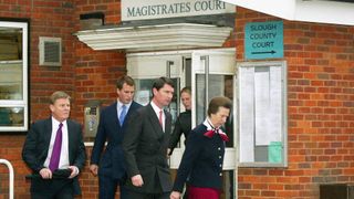 SLOUGH - NOVEMBER 21: Princess Anne leaves court after pleading guilty to a charge under the Dangerous Dogs Act November 21, 2002 at Slough Magistrates Court in Slough, Berkshire, England. Princess Anne has been fined ?500 and been ordered to pay ?250 compensation becoming the first royal to be convicted of a criminal offence. The charge was brought after one of her bull terriers bit two children at Windsor Great Park in April.