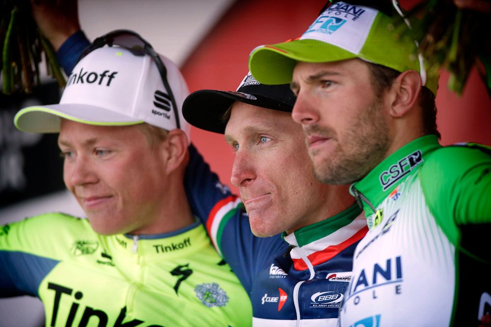 the 2016 Amstel Gold podium: Valgren, Gasparotto and Colbrelli.
