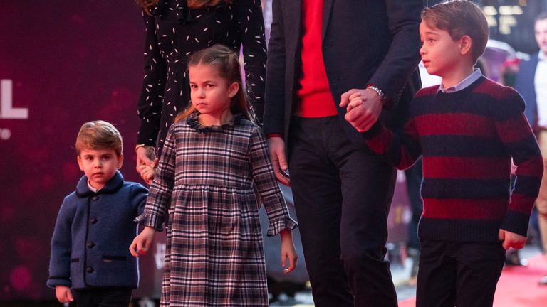 Prince William, Duke of Cambridge and Catherine, Duchess of Cambridge with their children, Prince Louis, Princess Charlotte and Prince George, attend a special pantomime performance at London's Palladium Theatre, hosted by The National Lottery, to thank key workers and their families for their efforts throughout the pandemic on December 11, 2020 in London, England.