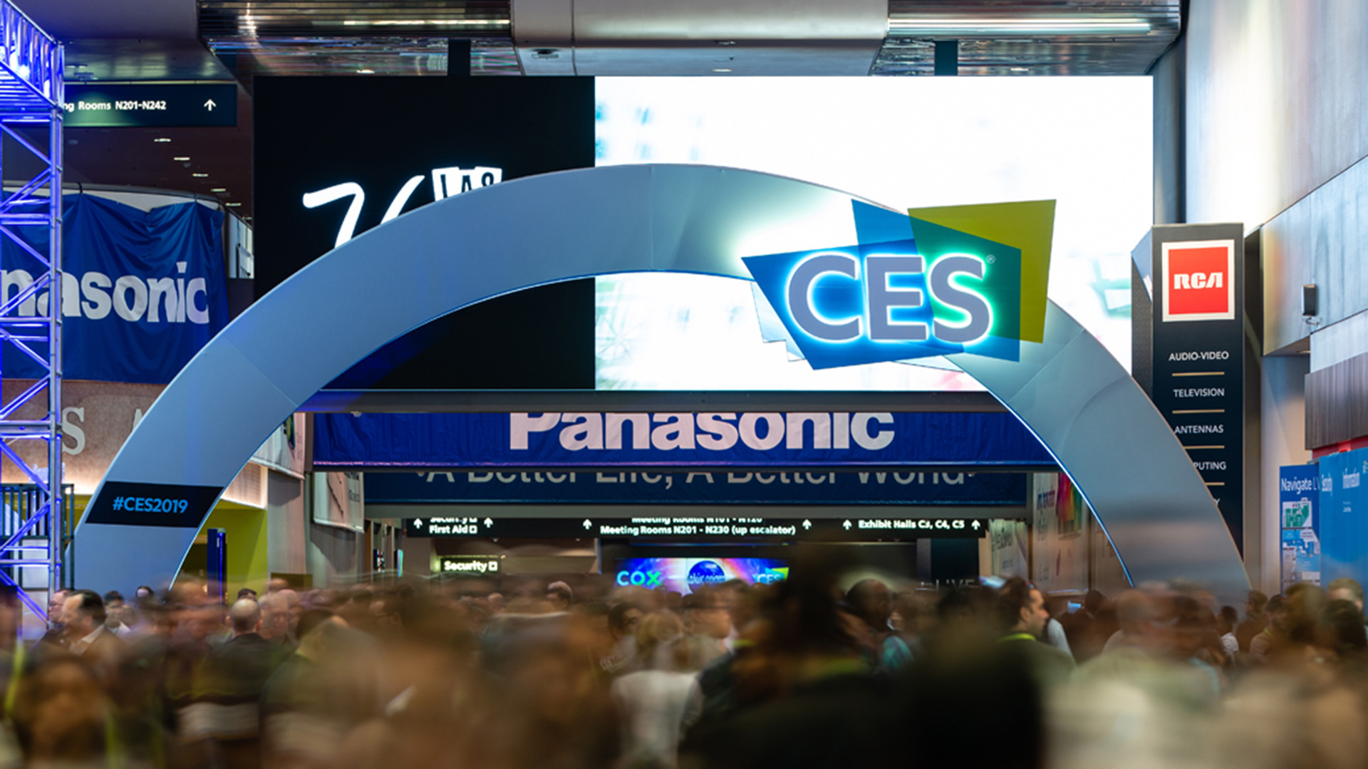 The CES 2022 logo on an arch at the show in Las Vegas, January 2022