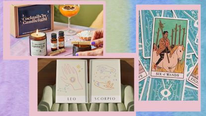 collage image showing three of the best astrology gifts, including zodiac posters, tarot cards, and a tarot-themed cocktail gift set, against a multi-colored background