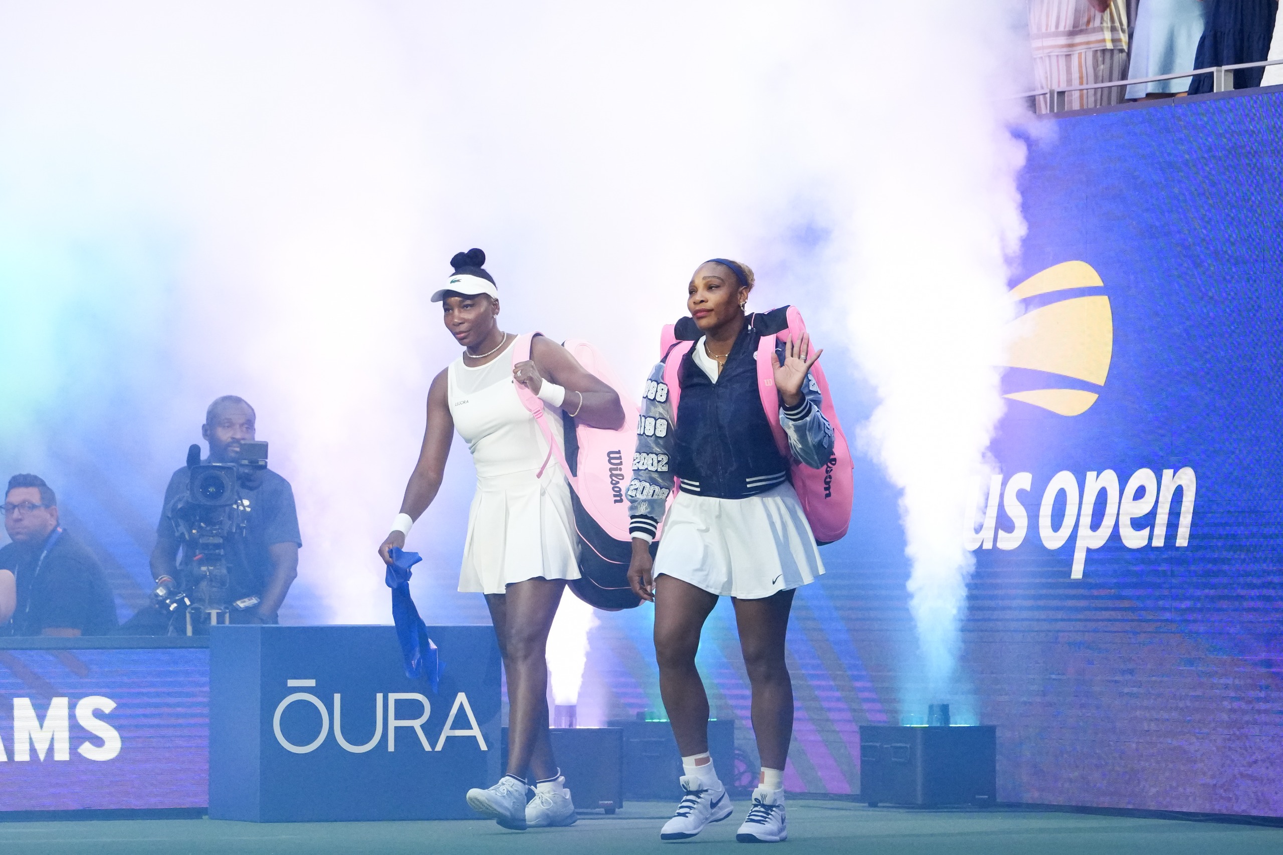 Serena Williams wears a custom Nike jacket to play doubles with sister Venus Williams on court before a Women's Doubles match on Day Six of the 2026 US Open