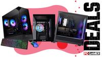 Three gaming PCs on a custom PC Gamer Deals background.