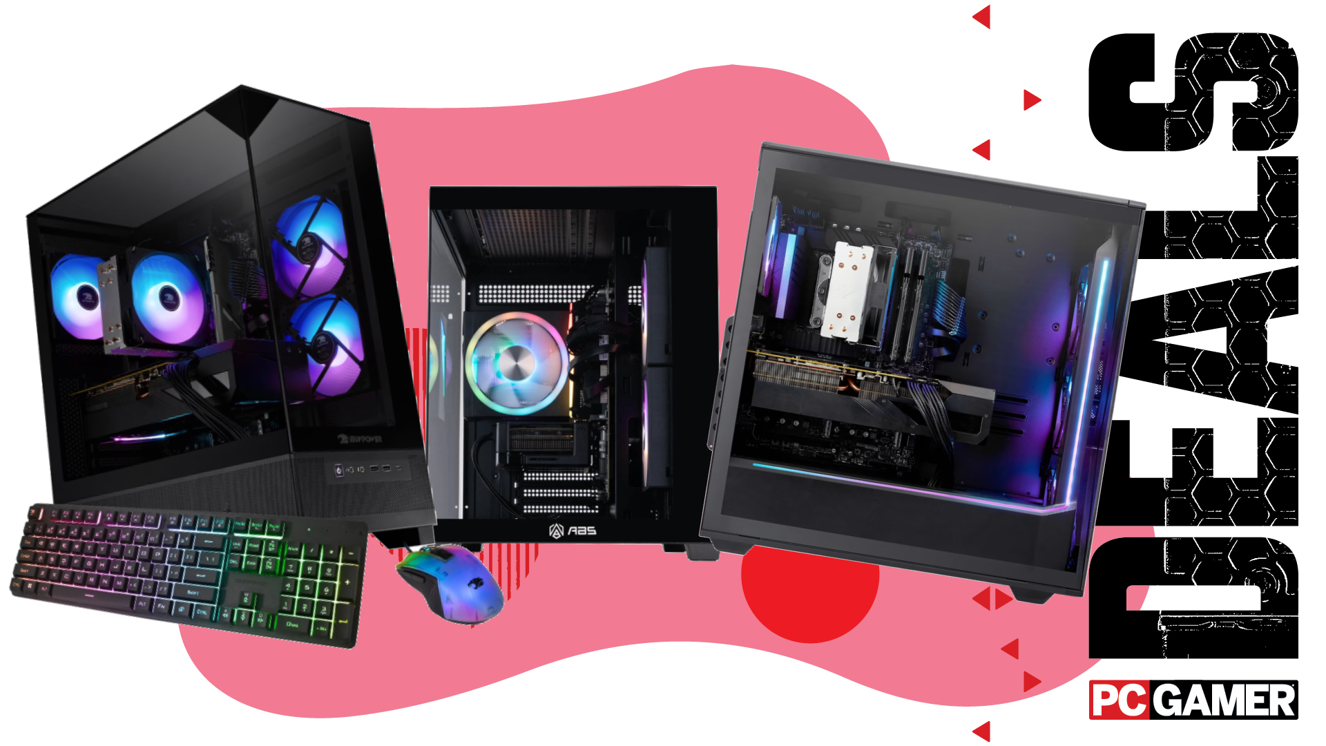 Three gaming PCs on a custom PC Gamer Deals background.