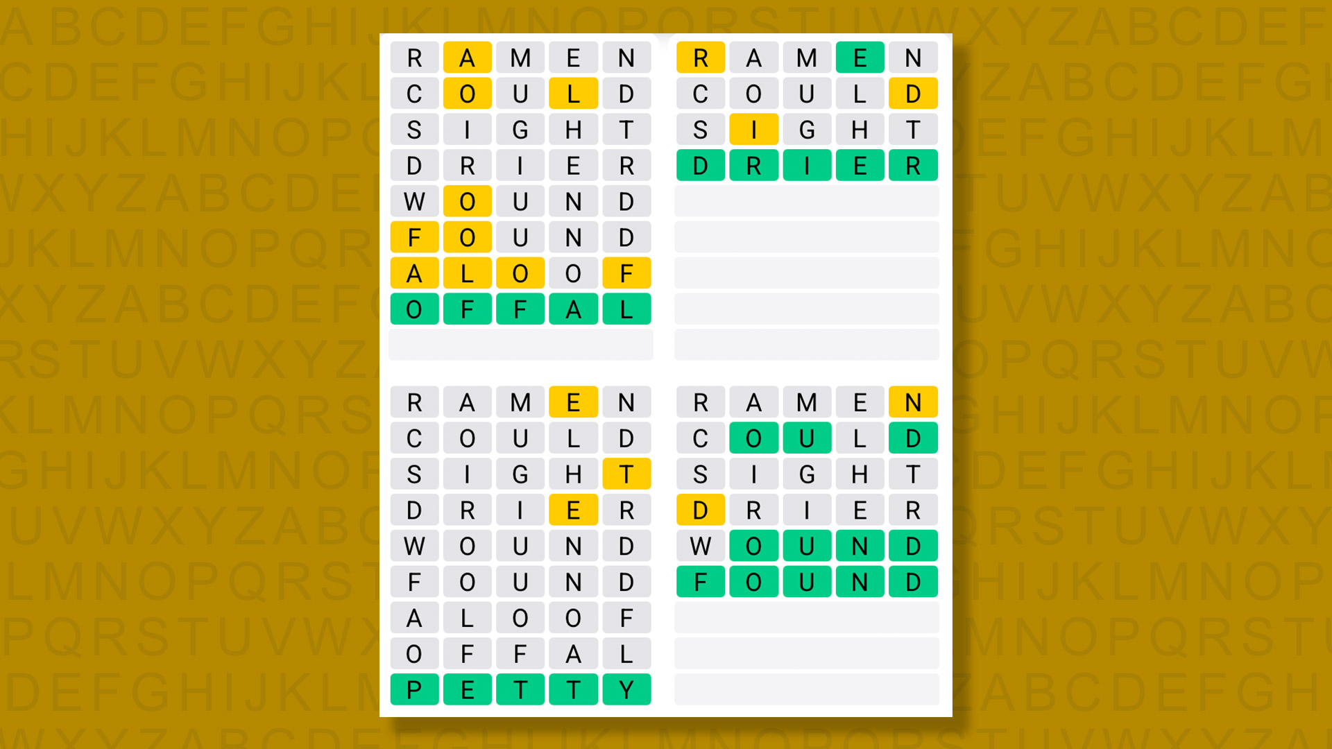 Quordle answers for game 1361 on a yellow background