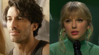 Ryle Kincaid (Justin Baldoni) speaks on It Ends with Us, while Taylor Swift appears on Saturday Night Live