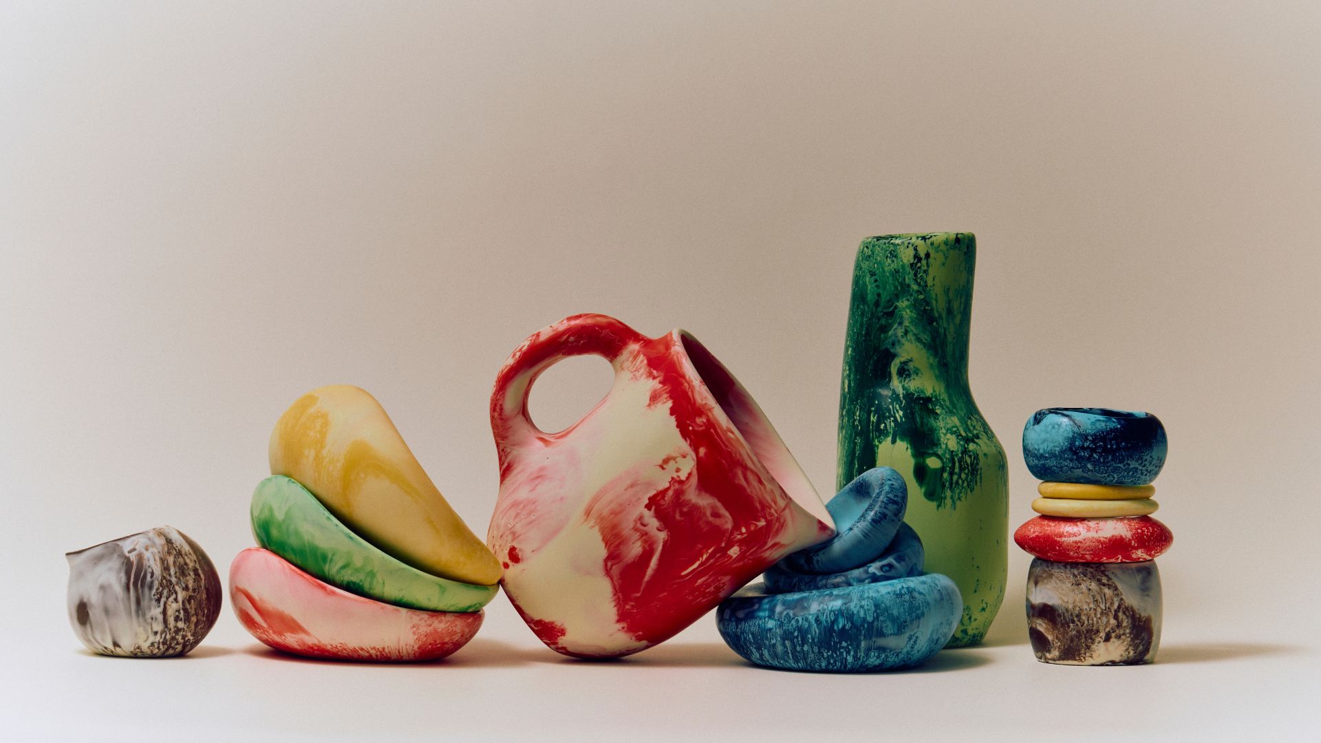A collection of colorful sculptural pieces by Dinosaur Designs