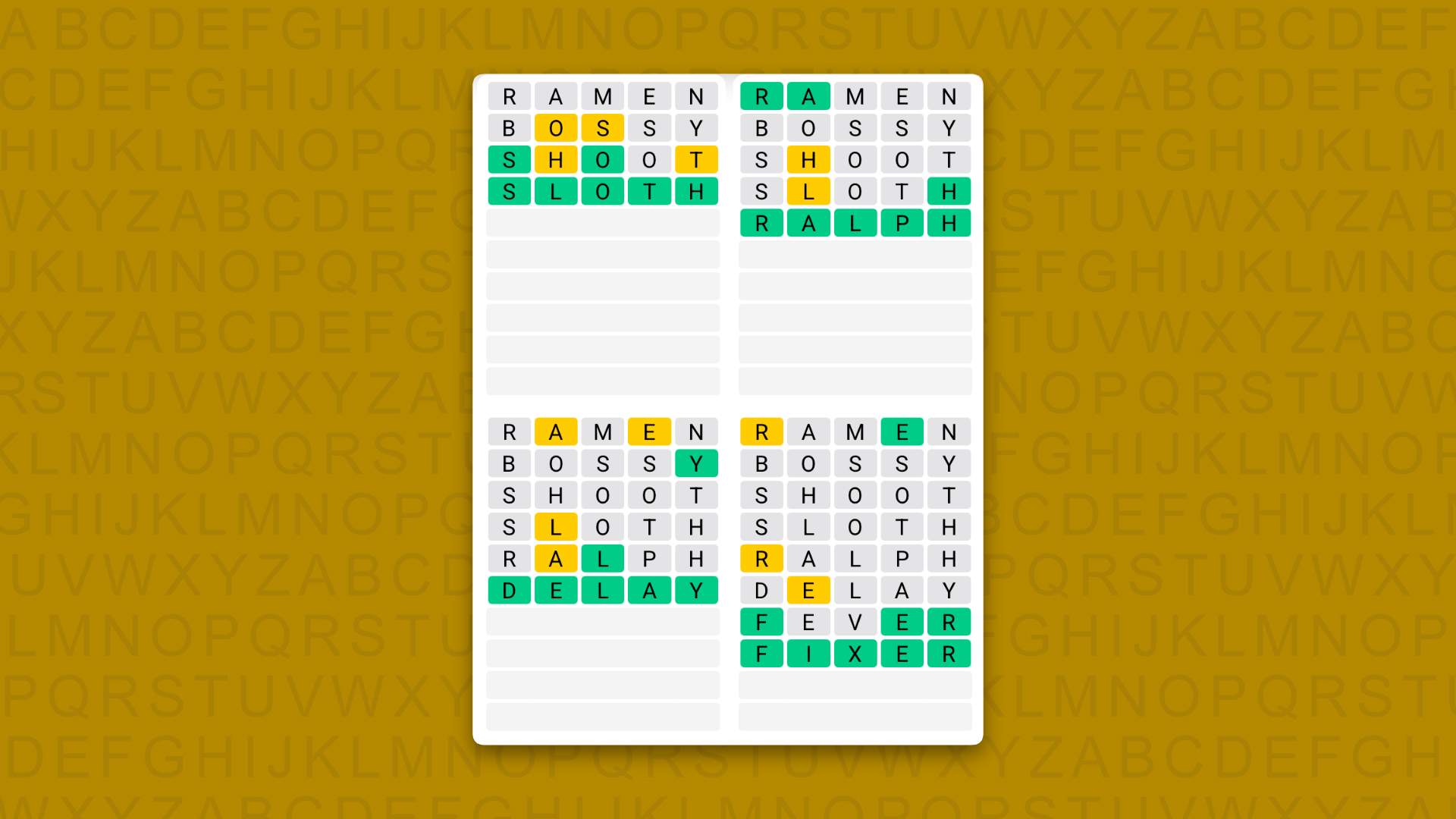Quordle Daily Sequence answers for game 1738 on a yellow background