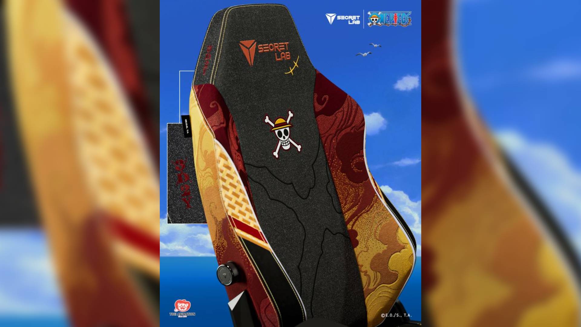 Close up of the back of the Luffy chair, featuring the Straw Hats Jolly Roger imagery.