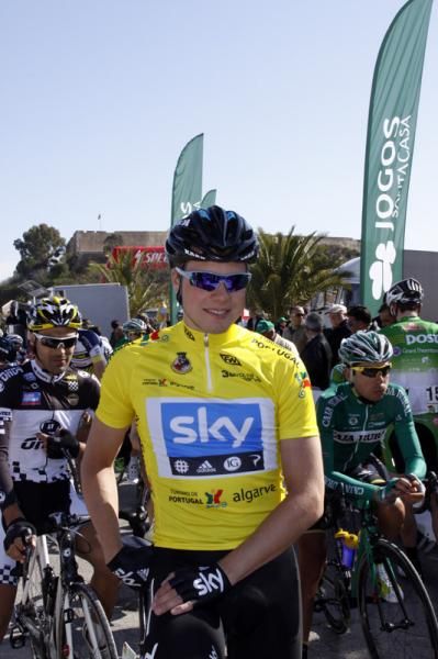 Edvald Boasson Hagen (Sky) in the leader's yellow jersey on the start line.